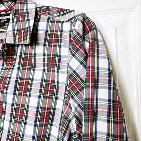 Talbots Non-Iron Plaid Metallic Gold Red Green‎ Button Down Shirt Sz 8Petite - Picture 2 of 5